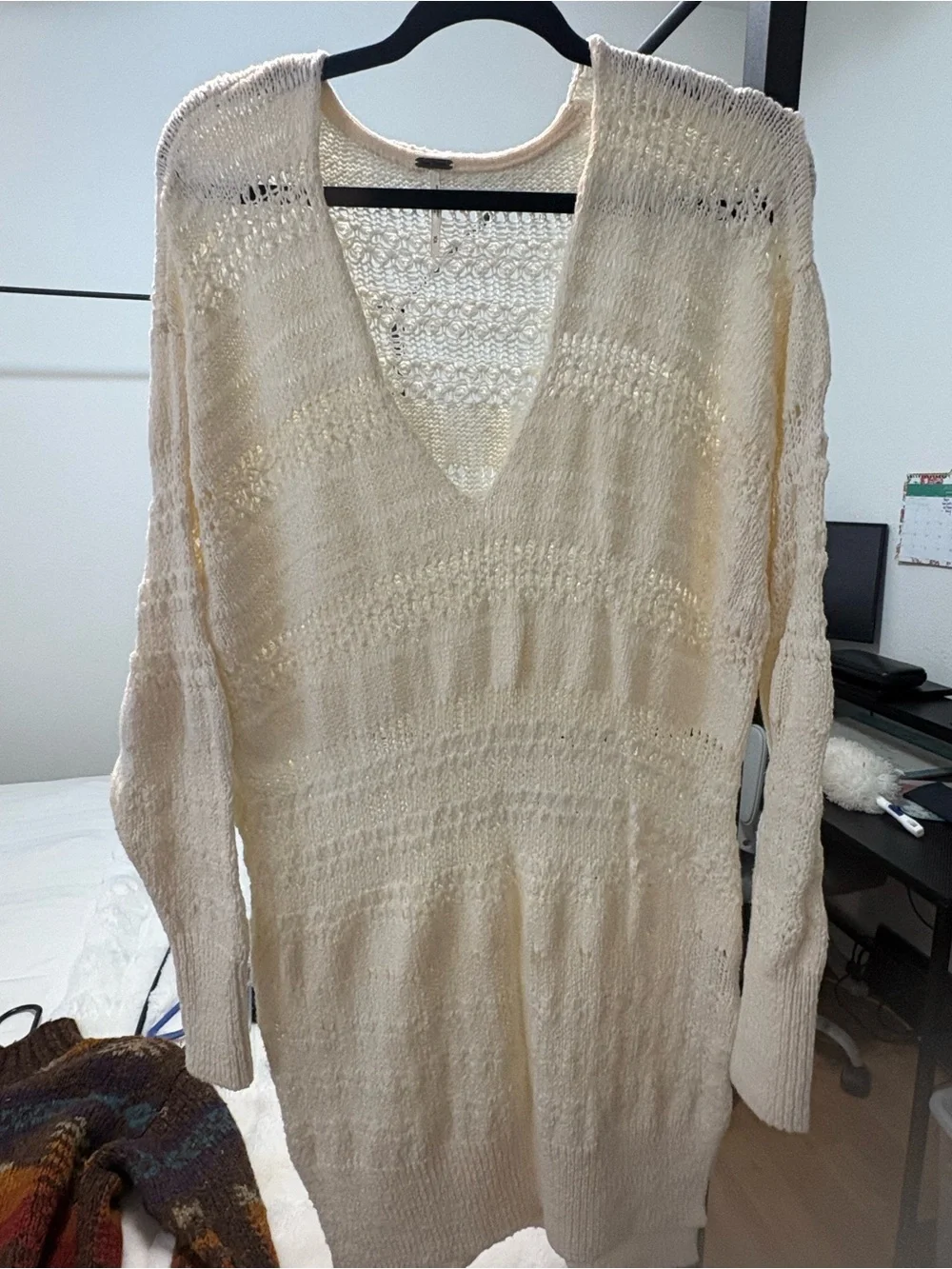Free People Open Knit V-Neck Longline Sweater - Cream